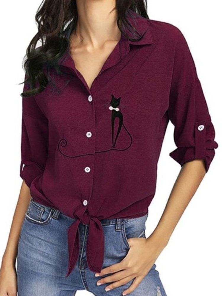 Cat Embroidery Casual Blouse