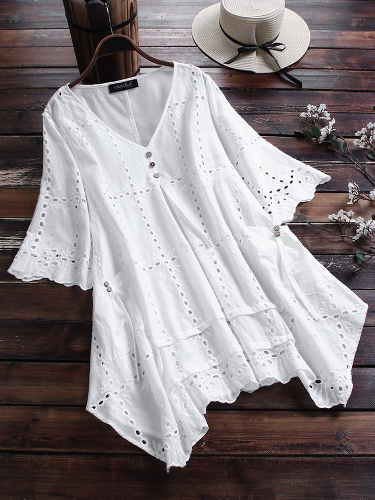 Embroidery Hollow V neck Half Sleeve Casual Blouse