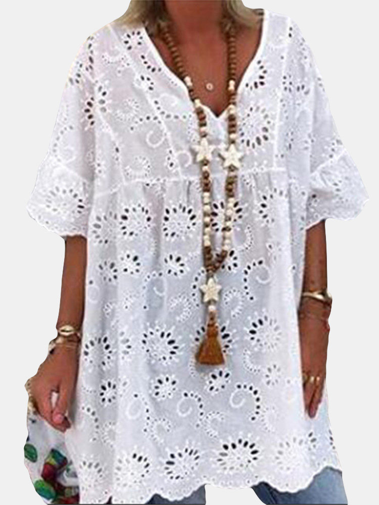 Embroidery Hollow Lace up Shirt
