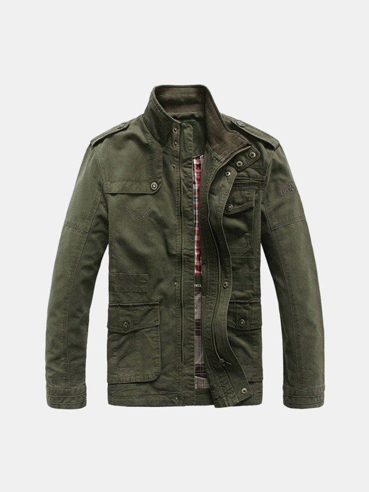 Plus Size Military Epaulets Outdoor Stand Collar Casual Cotton Jacket ...