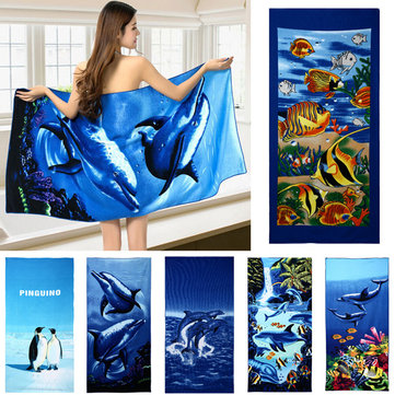 

70x150cm Blue Dolphin Penguin Print Absorbent Microfiber Beach Towels Quick Dry Bath Towel