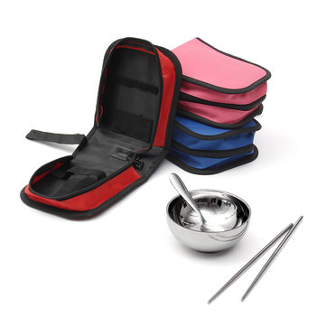

IPRee™ Outdoor 3 Pcs Sets Portable Stainless Steel Bowl Chopsticks Spoon Storage Bag Travel Picnic Cooking, Pink red blue