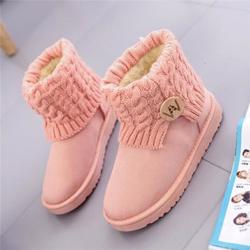 

Suede Button Knitting Weave Slip On Ankle Fur Lining Warm Boots, Black coffee pink white
