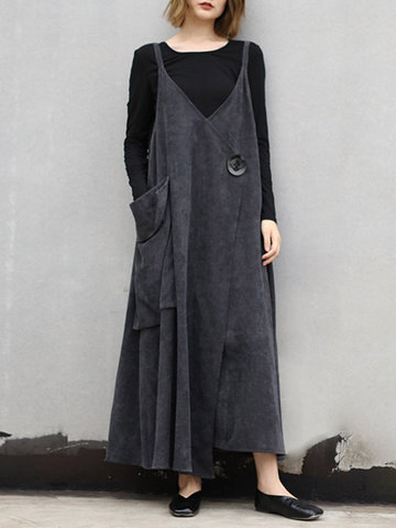 

Corduroy Asymmetrical Strap Dress, Grey