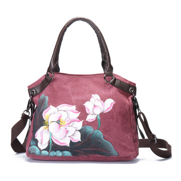 

Brenice Hand Painted Lotus Handbags Vintage Chinese Bags, Gray burgundy blue