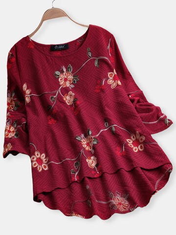 

O-NEWE Vintage Flower Embroidery Long Sleeve Blouse, Royal red green
