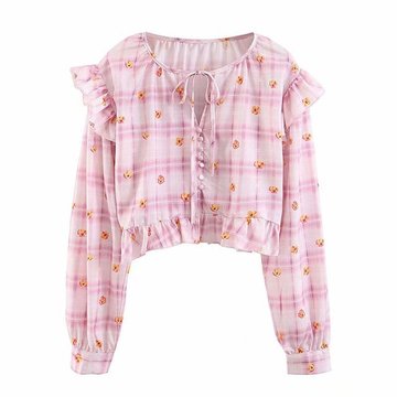 

Sweet Holiday Style Pink Plaid Floral Ruffled Button Long Sleeve Shirt Ff5-9012