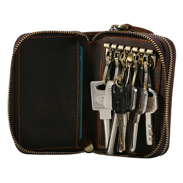 

Genuine Leather Casaul Vintage Double Zipper Multi-functional Key Bag For Men Women, Deep brown