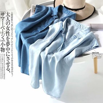 

B9012-European Style Women's Season New Lapel Tiansi Denim Sleeveless Pullover Shirt Women