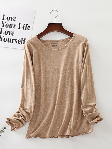 

Lace Hem Crew Neck Bottoming T-Shirt, Pink coffee