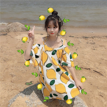 

New Fashion Holiday Style Lemon Flower Strapless Cross Strap Dress Female