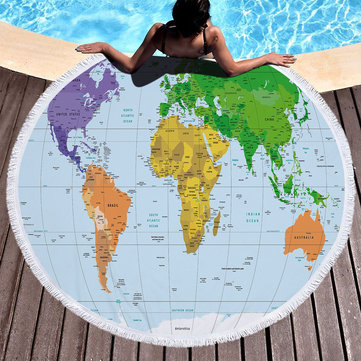 

World Map Printed Large Round Beach Towel, White