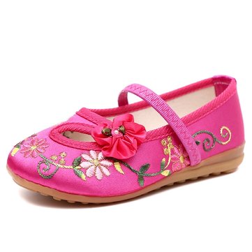 

Chinoiserie Embroidered Shoes Casual Flats For Girls, Pink rose red