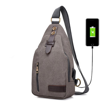 Men Canvas Casual USB Charging Port Sling Bag Crossbody Bag