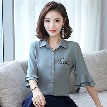 

Season New White Shirt Female Seven-point Sleeves Wild Color Embroidery Casual Shirt Professional Ol Female