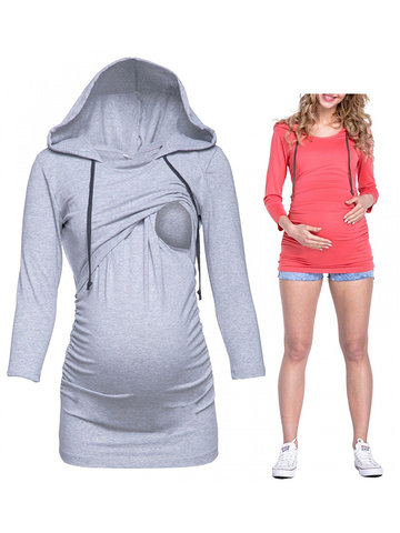 

Solid Color Maternity Hooded Tops, Black gray lightgray