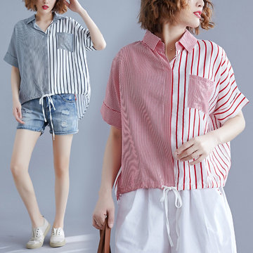 

Season New Loose Large Size Thin Literary Cotton And Linen Striped Stitching Short-sleeved Shirt Shirt