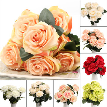 

10 Heads Artificial Silk Flower Rose Wedding Bouquet Party Home Decoration, Red pink green white white champagne purple